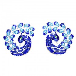 Elegant Painting Blue Peacock Silver Plated Ear Stud Retro Enamel Earrings for Women