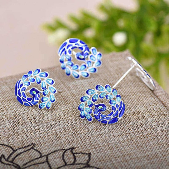 Elegant Painting Blue Peacock Silver Plated Ear Stud Retro Enamel Earrings for Women