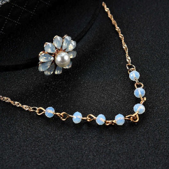 Elegant Pearl Rhinestone Flower Double Layer Gold Chain Black Choker Piercing Earrings Women Jewelry