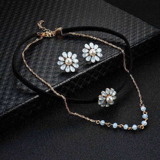 Elegant Pearl Rhinestone Flower Double Layer Gold Chain Black Choker Piercing Earrings Women Jewelry