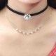 Elegant Pearl Rhinestone Flower Double Layer Gold Chain Black Choker Piercing Earrings Women Jewelry