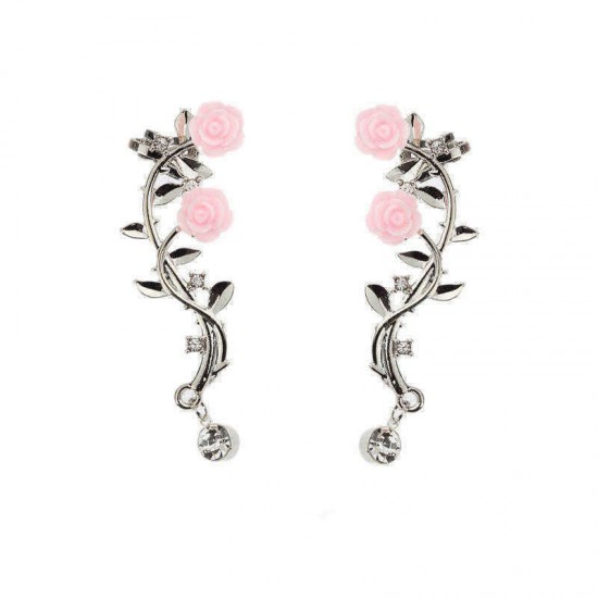 Elegant Pink Flower Womens Cuff Earring Silver Gold Color Piercing Clip Earrings