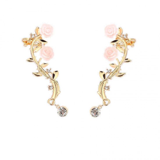 Elegant Pink Flower Womens Cuff Earring Silver Gold Color Piercing Clip Earrings