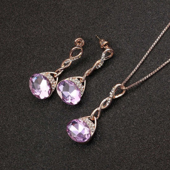 Elegant Purple Gem Pendant Rose Gold Chain Jewelry Set Unique Twisted Necklace Earrings for Women