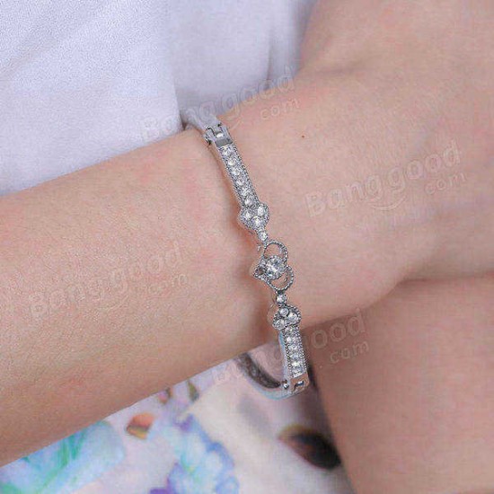 Elegant Silver Rhinestone Crystal Heart Shaped Bracelet Bangle For Women