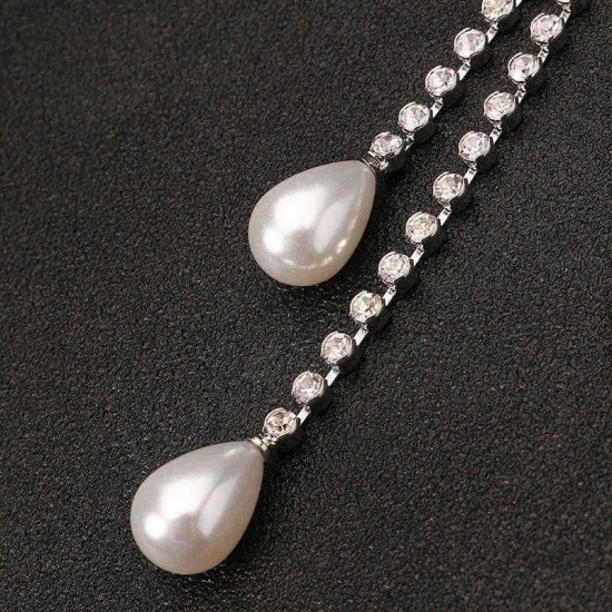 Elegant Women Jewelry Double Drop Pearl Pendant Shiny Rhinestone Silver Plated Necklace Best Gift