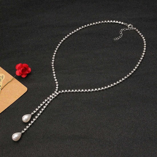 Elegant Women Jewelry Double Drop Pearl Pendant Shiny Rhinestone Silver Plated Necklace Best Gift