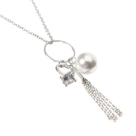 Elegant Women Necklace Silver Plated Artificial Pearl Tassel Pendant Long Necklace Gift for Girl