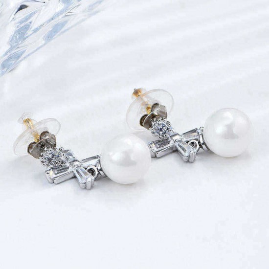 Elegant Women Piercing Earrings Artificial Pearl Shiny Zircon Cross Flower Pendant Ear Stud Gift