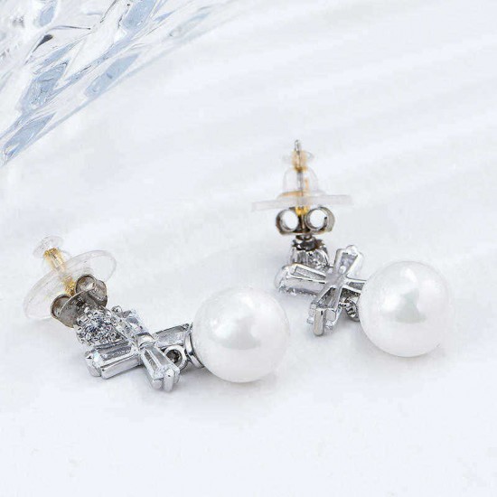 Elegant Women Piercing Earrings Artificial Pearl Shiny Zircon Cross Flower Pendant Ear Stud Gift