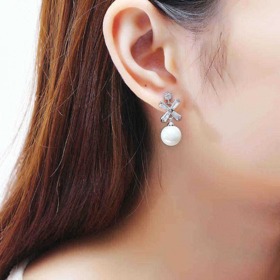 Elegant Women Piercing Earrings Artificial Pearl Shiny Zircon Cross Flower Pendant Ear Stud Gift