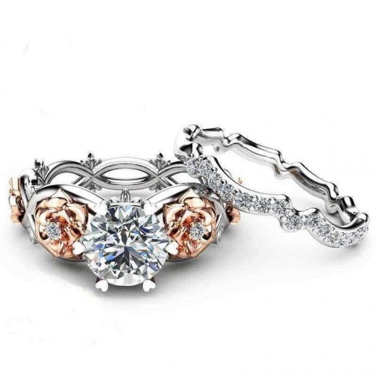 Elegant Zircon Inlaid Rose Gold Flower Heart Hollow Platinum Ring Set Gift for Women