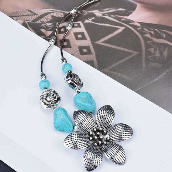 Ethnic Antique Silver Flower Pendant Necklace Vintage Turquoise Womens Necklaces Boho Women Jewelry