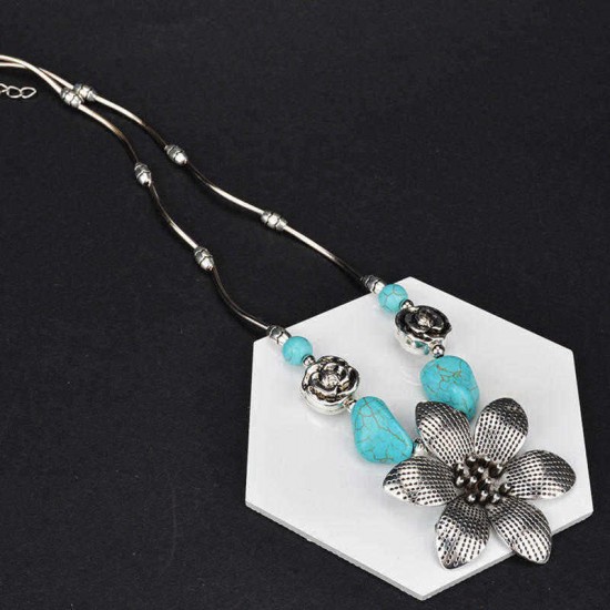 Ethnic Antique Silver Flower Pendant Necklace Vintage Turquoise Womens Necklaces Boho Women Jewelry