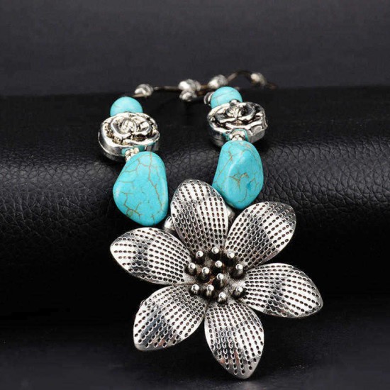 Ethnic Antique Silver Flower Pendant Necklace Vintage Turquoise Womens Necklaces Boho Women Jewelry