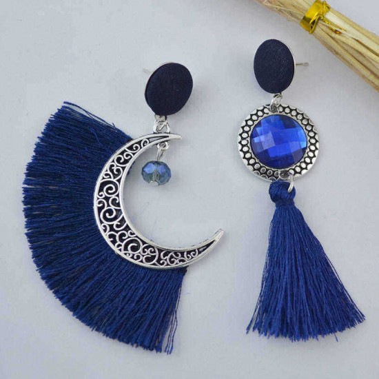 Ethnic Asymmetric Tassel Earring Bohemian Crystal Moon Drop Earrings Dangle Earrings for Women