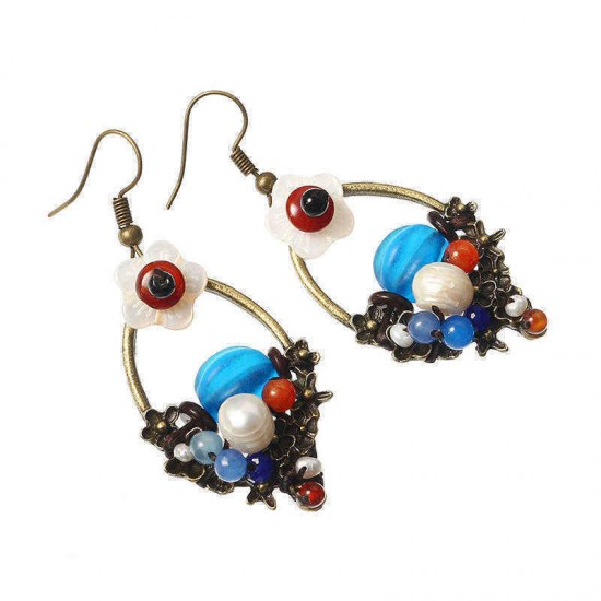 Ethnic Bead Earrings Tassel Flower Agate Ear Drop Jewelry for Women