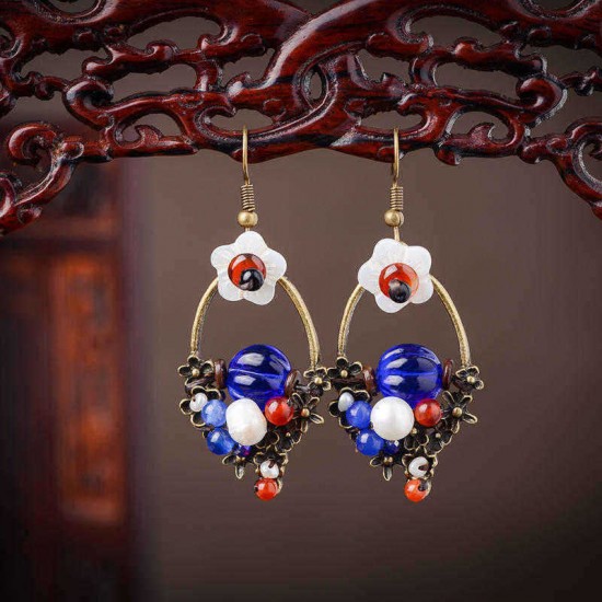 Ethnic Bead Earrings Tassel Flower Agate Ear Drop Jewelry for Women