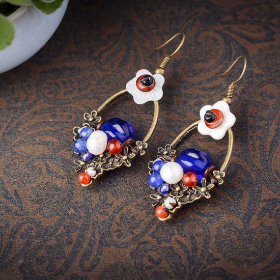 Ethnic Bead Earrings Tassel Flower Agate Ear Drop Jewelry for Women