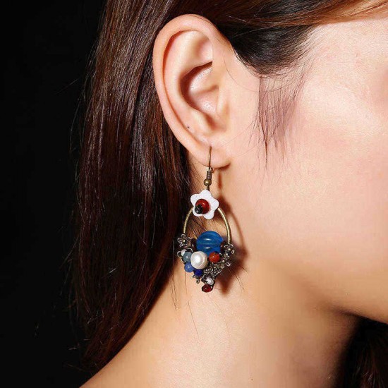 Ethnic Bead Earrings Tassel Flower Agate Ear Drop Jewelry for Women