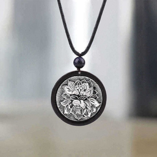 Ethnic Black Ebony Lotus Pendant Necklace Black Wooden Retro Necklace For Women Men