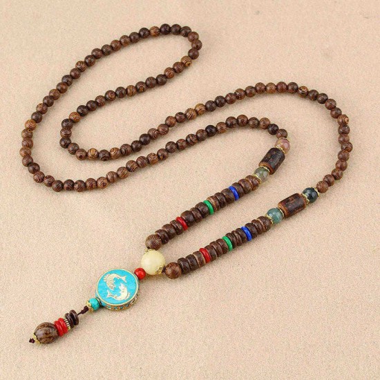 Ethnic Blue Beads Necklace Long-Style Retro Pendant Necklace For Women Men