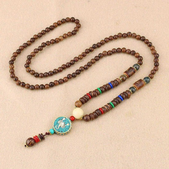 Ethnic Blue Beads Necklace Long-Style Retro Pendant Necklace For Women Men