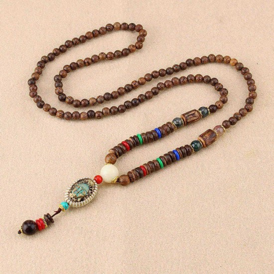 Ethnic Blue Beads Necklace Long-Style Retro Pendant Necklace For Women Men