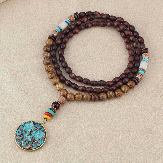 Ethnic Blue Beads Necklace Long-Style Retro Pendant Necklace For Women Men