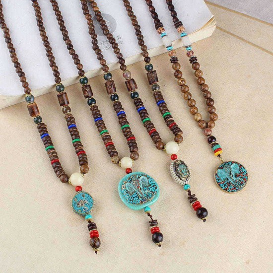 Ethnic Blue Beads Necklace Long-Style Retro Pendant Necklace For Women Men