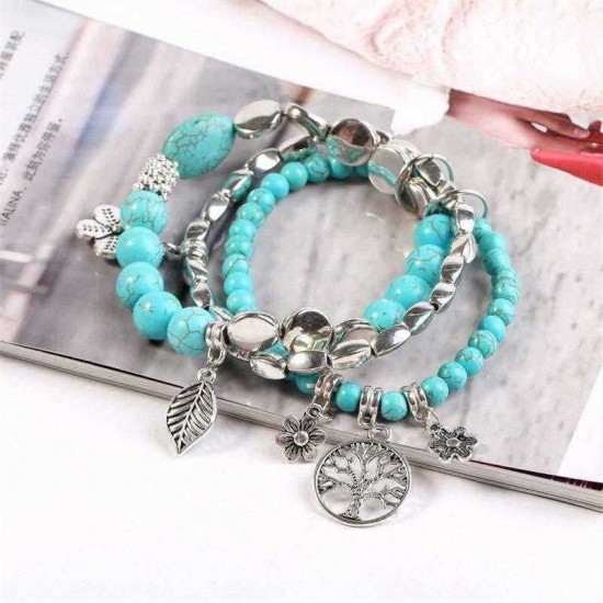 Ethnic Blue Turquoise Beaded Bracelet Hollow Tree Leaves Flower Plant Charm Multilayer Jewelry