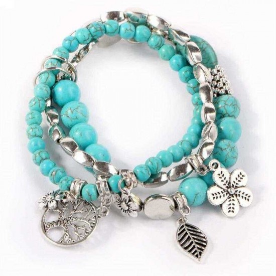 Ethnic Blue Turquoise Beaded Bracelet Hollow Tree Leaves Flower Plant Charm Multilayer Jewelry