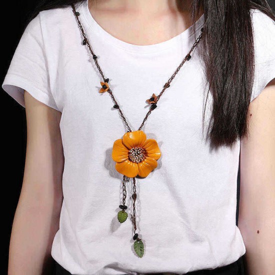 Ethnic Body Jewelry Leather Flower Tassel Long Necklace Waist Chain Belt for Women