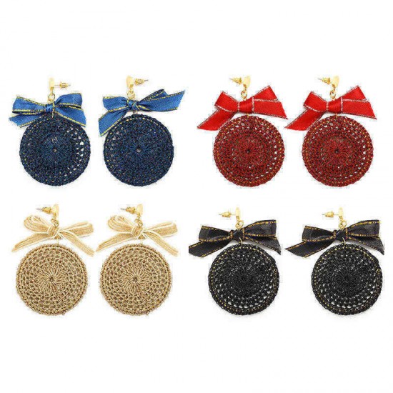 Ethnic Bowknot Round Plate Charm Dangle Earrings Braided Vintage Piercing Stud Earring for Women