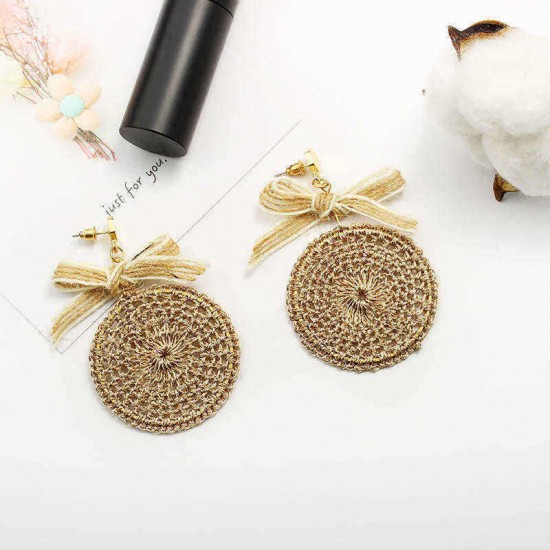 Ethnic Bowknot Round Plate Charm Dangle Earrings Braided Vintage Piercing Stud Earring for Women