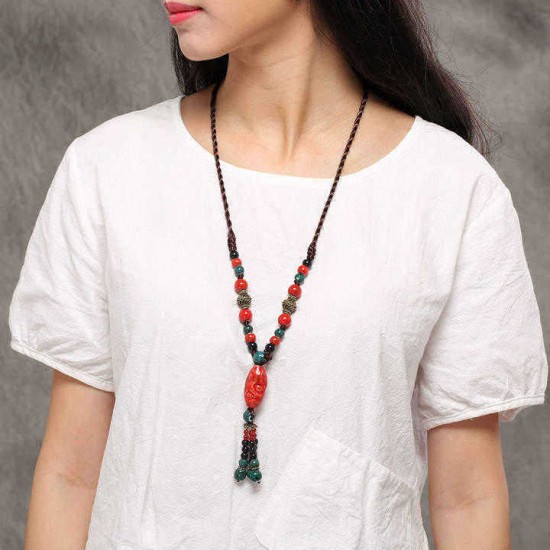 Ethnic Ceramic Beads Tassel Pendant Necklace Ethnic Adjustable Long Necklace for Women