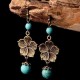 Ethnic Flower Turquoise Beads Tassel Drop Earrings Jewelry