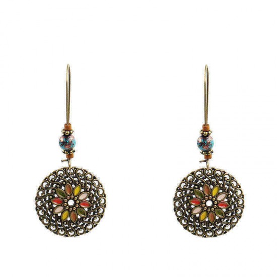 Ethnic Geometric Flower Ear Drop Earring Vintage Gold Dangle Earrings for Women