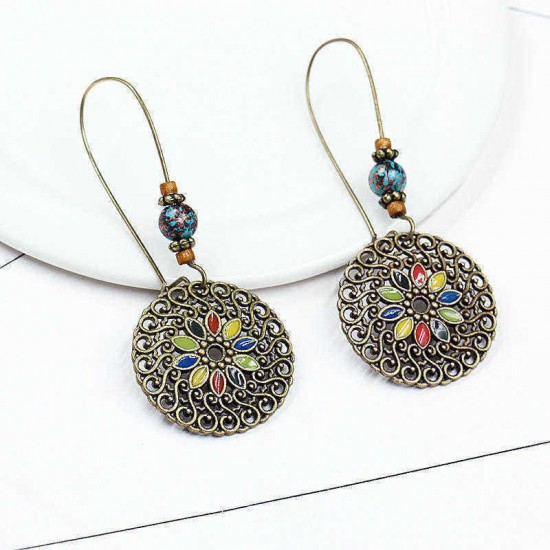 Ethnic Geometric Flower Ear Drop Earring Vintage Gold Dangle Earrings for Women