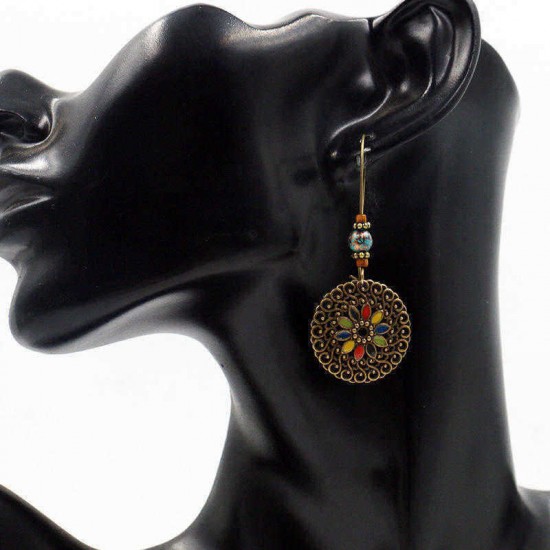 Ethnic Geometric Flower Ear Drop Earring Vintage Gold Dangle Earrings for Women