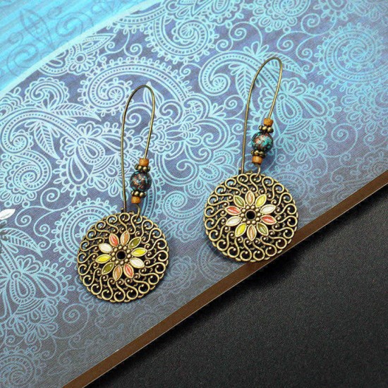 Ethnic Geometric Flower Ear Drop Earring Vintage Gold Dangle Earrings for Women