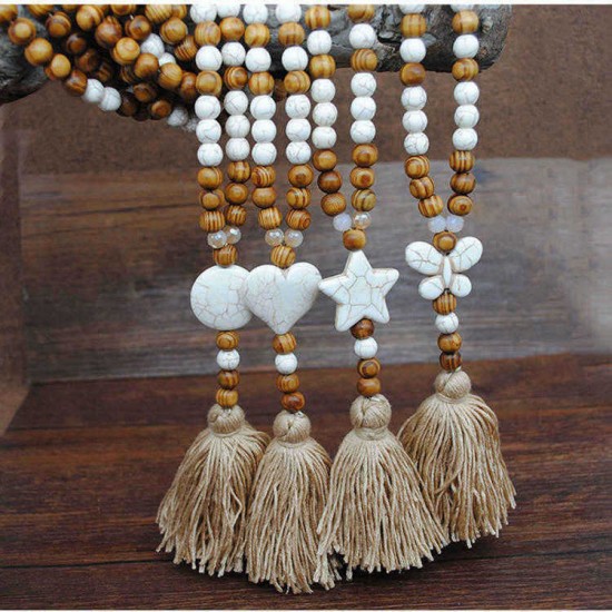 Ethnic Geometric Pendant Long Necklace Tassels Handmade String Beads Long Necklace Bohemian Jewelry