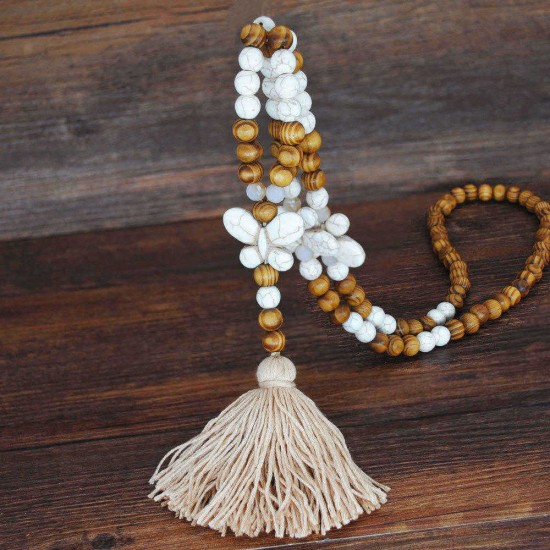 Ethnic Geometric Pendant Long Necklace Tassels Handmade String Beads Long Necklace Bohemian Jewelry