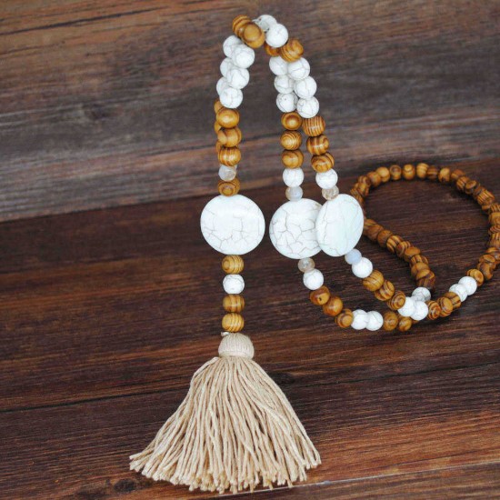 Ethnic Geometric Pendant Long Necklace Tassels Handmade String Beads Long Necklace Bohemian Jewelry