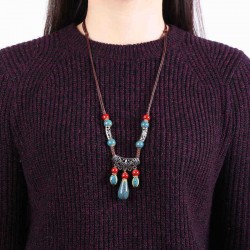 Ethnic Handmade Women's Long Necklace Ceramic Drop Tassel Pendant Vintage Sweater Necklace for Her