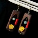 Ethnic Handmade Wood Jade Earring Vintage Gold Daisies Flower Dangle Ear Drop for Women