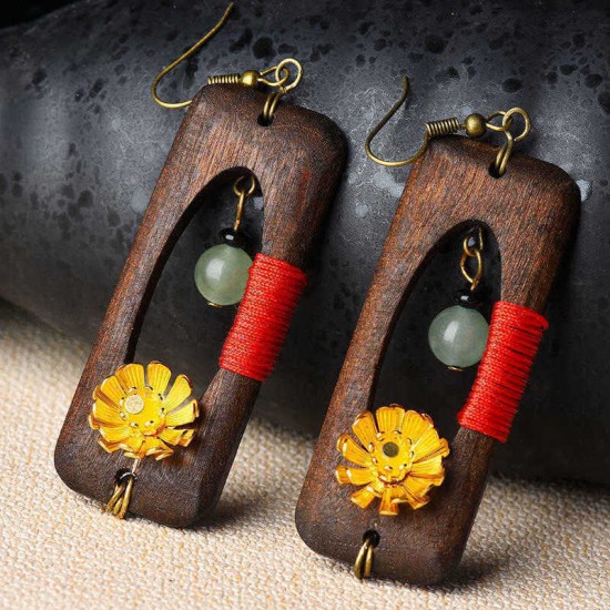 Ethnic Handmade Wood Jade Earring Vintage Gold Daisies Flower Dangle Ear Drop for Women