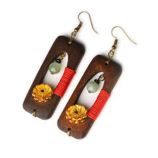 Ethnic Handmade Wood Jade Earring Vintage Gold Daisies Flower Dangle Ear Drop for Women