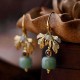 Ethnic Jewelry Vintage Handmade Earrings Luxury Gold Leaf Jade Charm Dangle Earring for Women