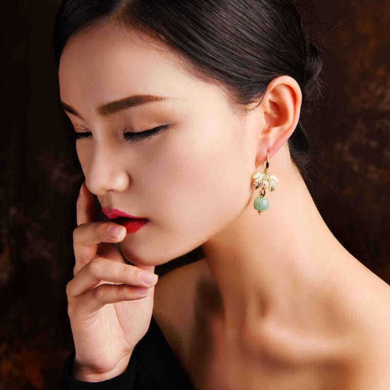 Ethnic Jewelry Vintage Handmade Earrings Luxury Gold Leaf Jade Charm Dangle Earring for Women